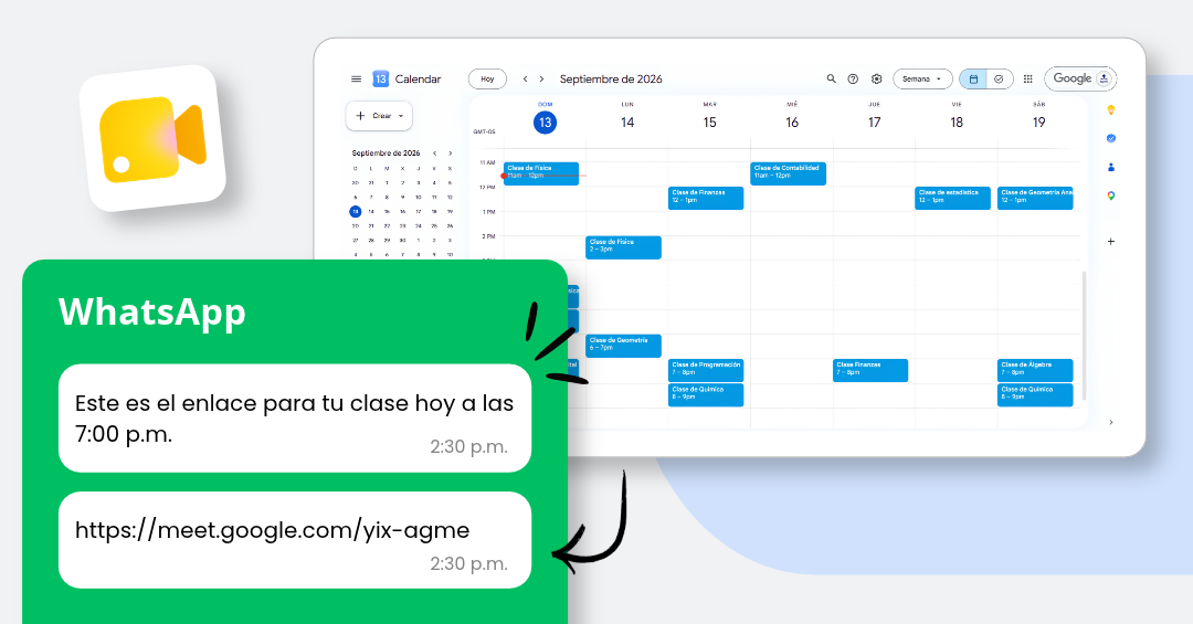 Ejemplo de programación de una clase y envío del enlace de Google Meet por WhatsApp