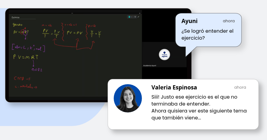 Ejemplo de una clase virtual de Ayuni con explicación y resolución de dudas